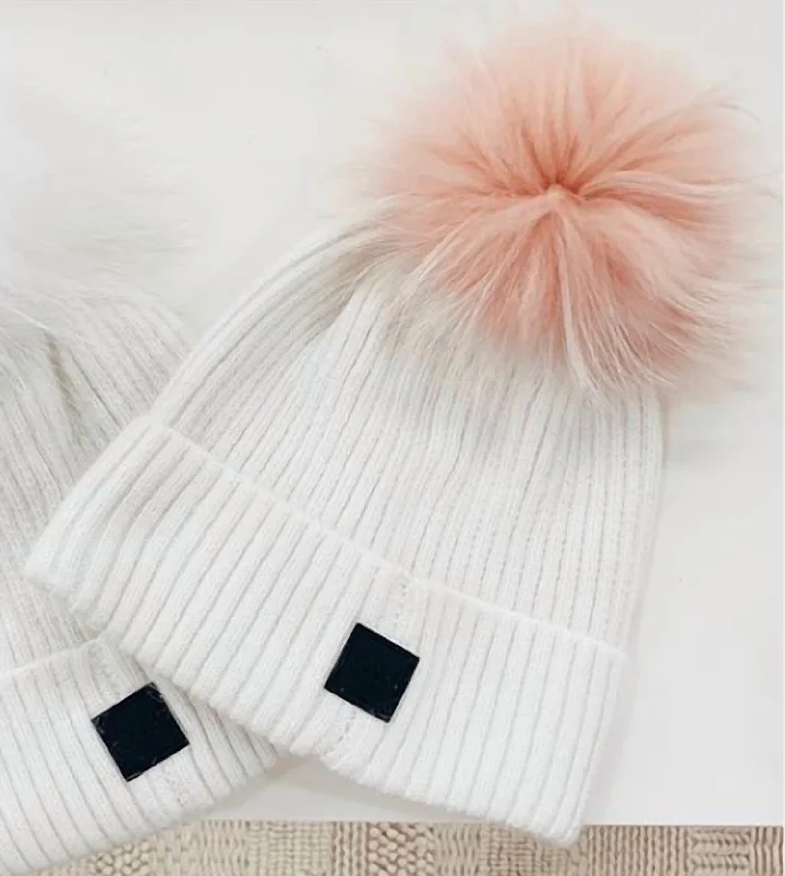 Fur Beanie In Blush/white