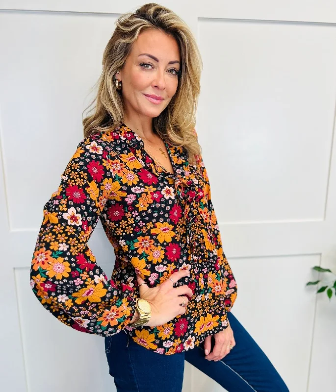 Autumn Floral Print Ruffle Popover Blouse