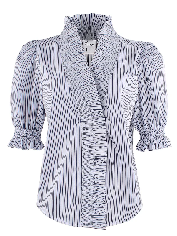 Cici Shirt with Ruffle Collar & Sleeve, Blue & Black Stripe - Web Exclusive