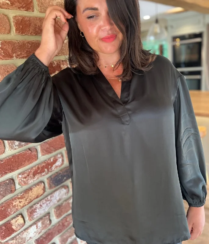 Dark Green Satin Popover Blouse