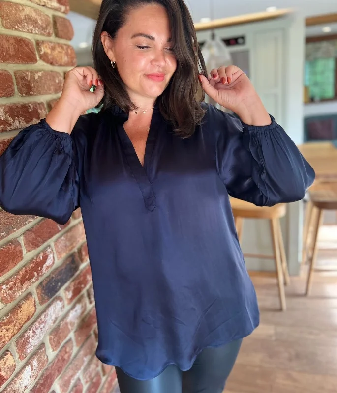 Navy Satin Popover Blouse