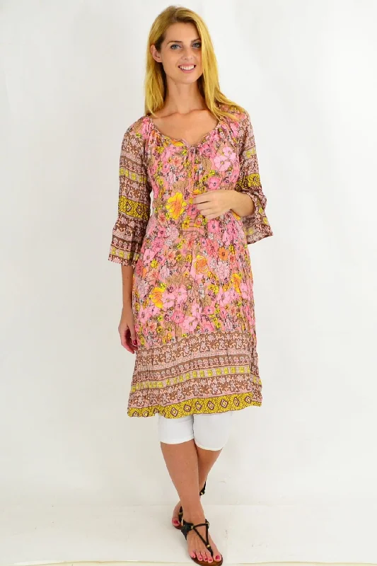 Patty Pink Floral Crinkle Tie Tunic Dress