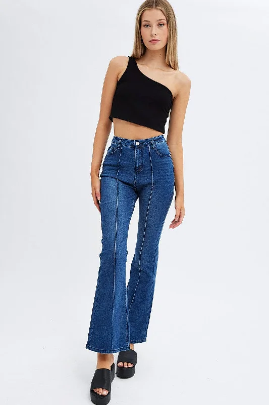 Denim Flare Jeans Mid Rise Pintuck