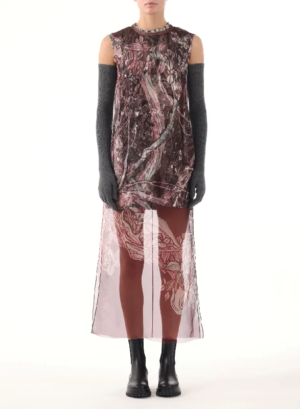 PRINTED ORGANZA SHEATH DRESS W/ CRINKLE FOIL UNDER