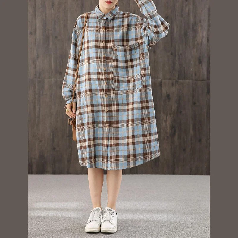 Beautiful blue plaid clothes For Women lapel Button Down shift Dresses