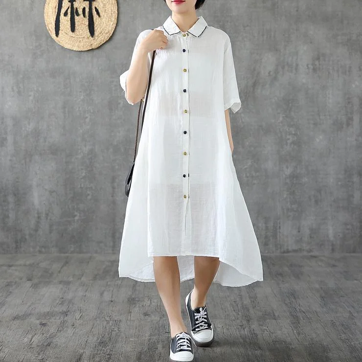 Beautiful lapel Button Down linen dresses Shape white Dresses