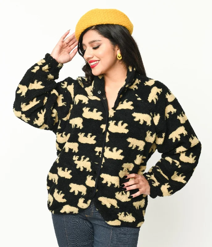 Black Bear Print Fleece Jacket