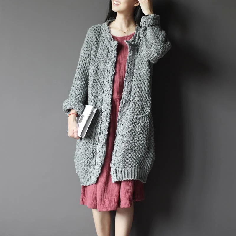 blue long woolen women sweater knit cardigan outwear no buttons