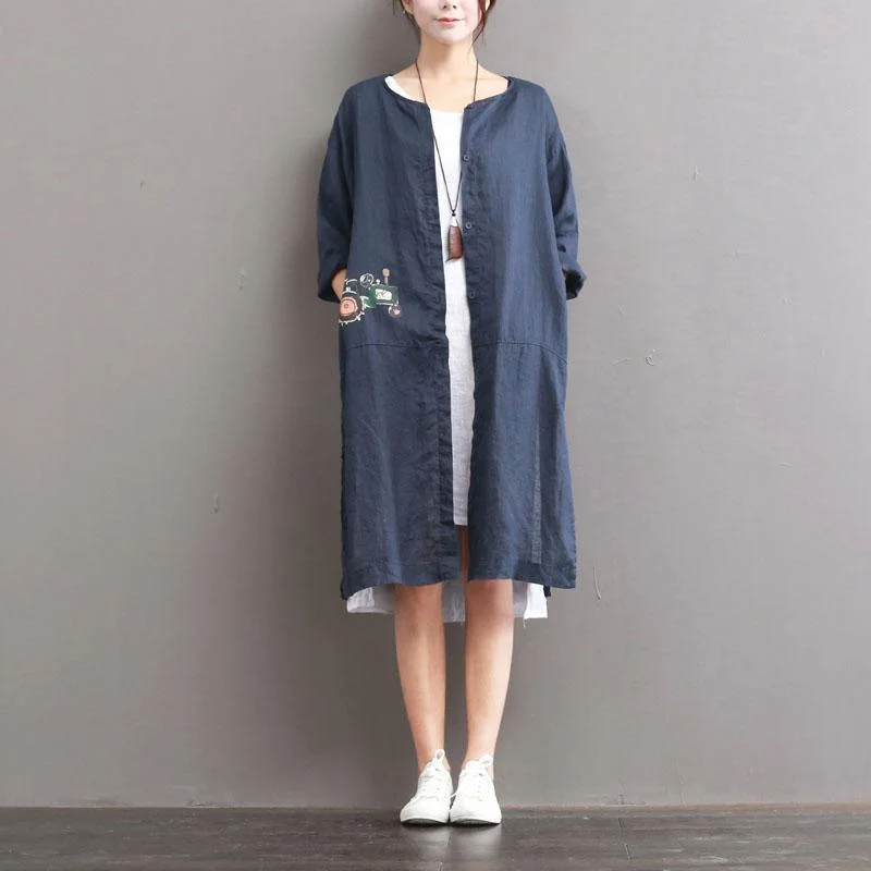 blue plus size linen long shirt summer casual cardigans short sleeve print blouse