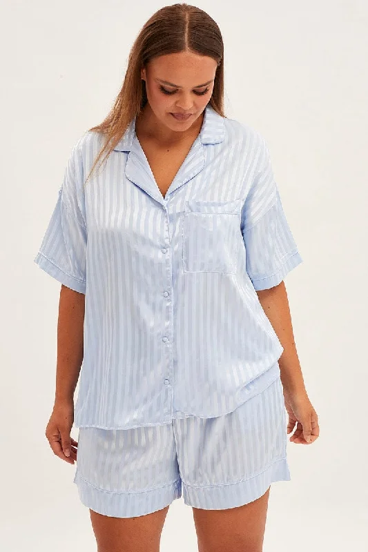 Blue Stripe Pyjamas Set Short Sleeve Collared Shorts Satin