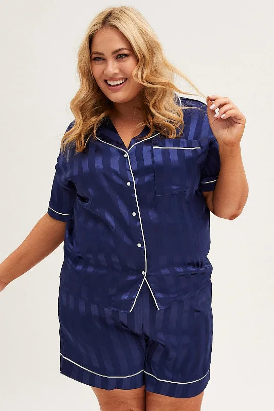 Blue Stripe Pyjamas Set Short Sleeve Collared Shorts Satin