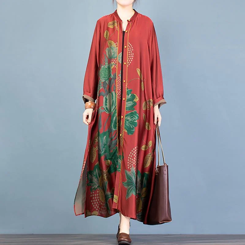 Bohemian red print Plus Size clothes For Women Fashion Ideas Button Down side open women cardigan