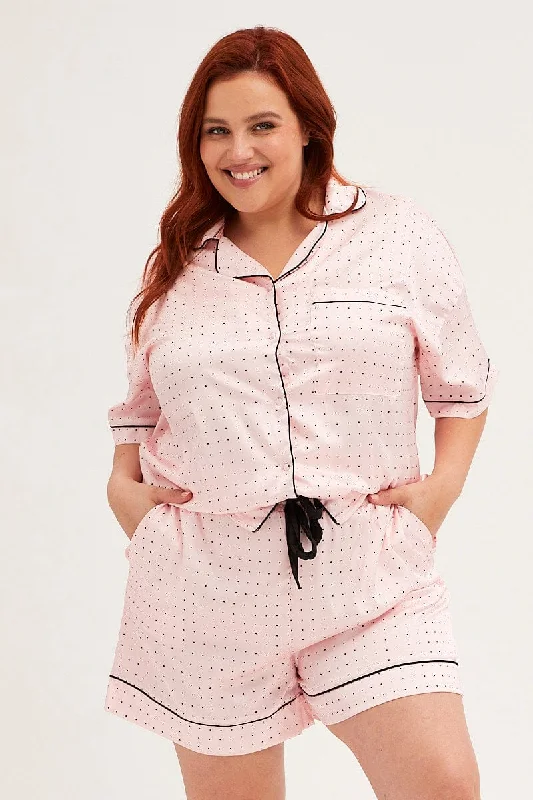 Pink Polka Dot Pyjamas Set Short Sleeve Collared Shorts Satin