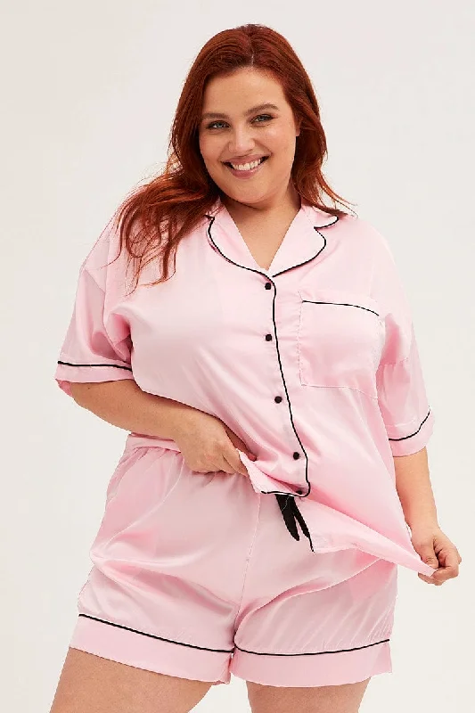 Pink Pyjamas Set Short Sleeve Collared Shorts Satin