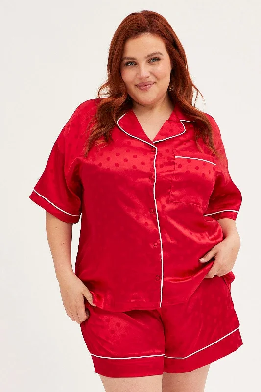 Red Polka Dot Pyjamas Set Short Sleeve Collared Shorts Satin