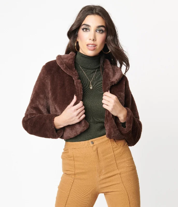 1970s Retro Style Brown Faux Fur Crop Jacket