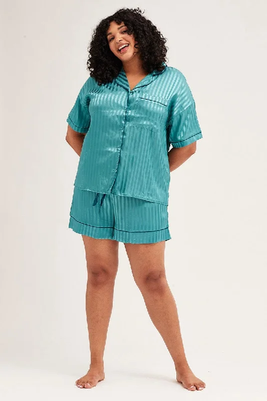 Stripe Pyjamas Set Short Sleeve Collared Shorts Satin