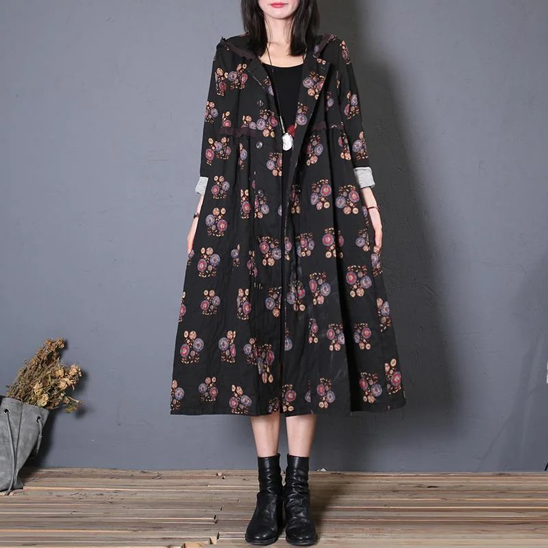 top quality black print overcoat casual long coat fall hooded wrinkled coat