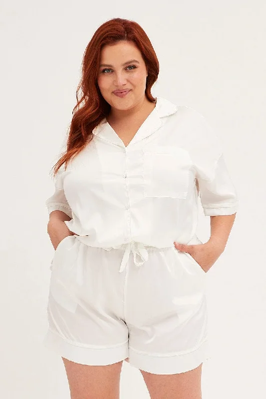 White Pyjamas Set Short Sleeve Collared Shorts Satin