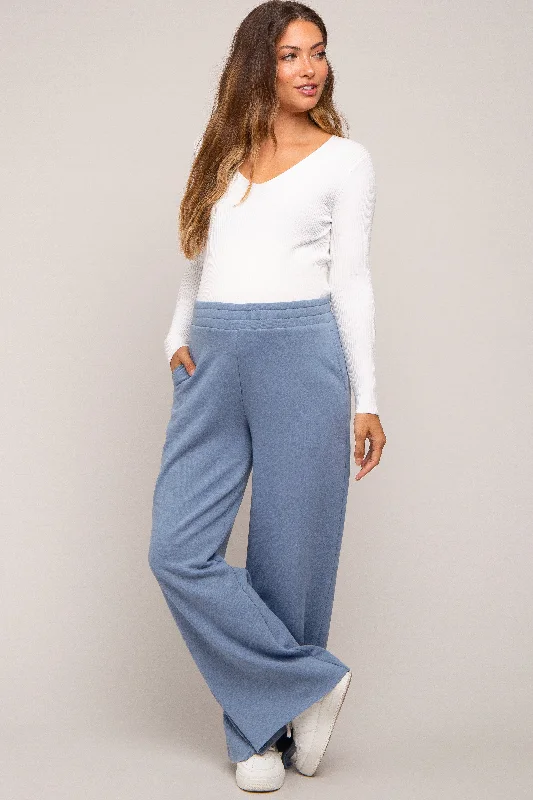 Blue Soft Wide Leg Side Slit Maternity Sweatpants